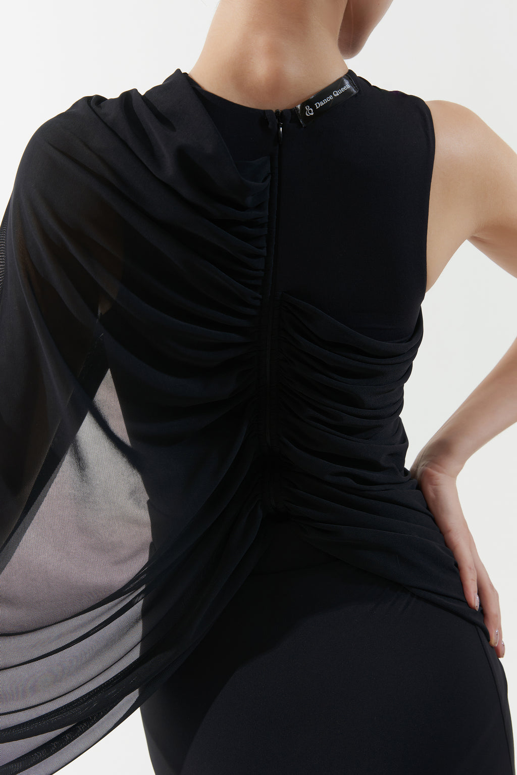 DANCE QUEEN 1165 Black Asymmetrical Ruched Mesh Sleeve Ballroom