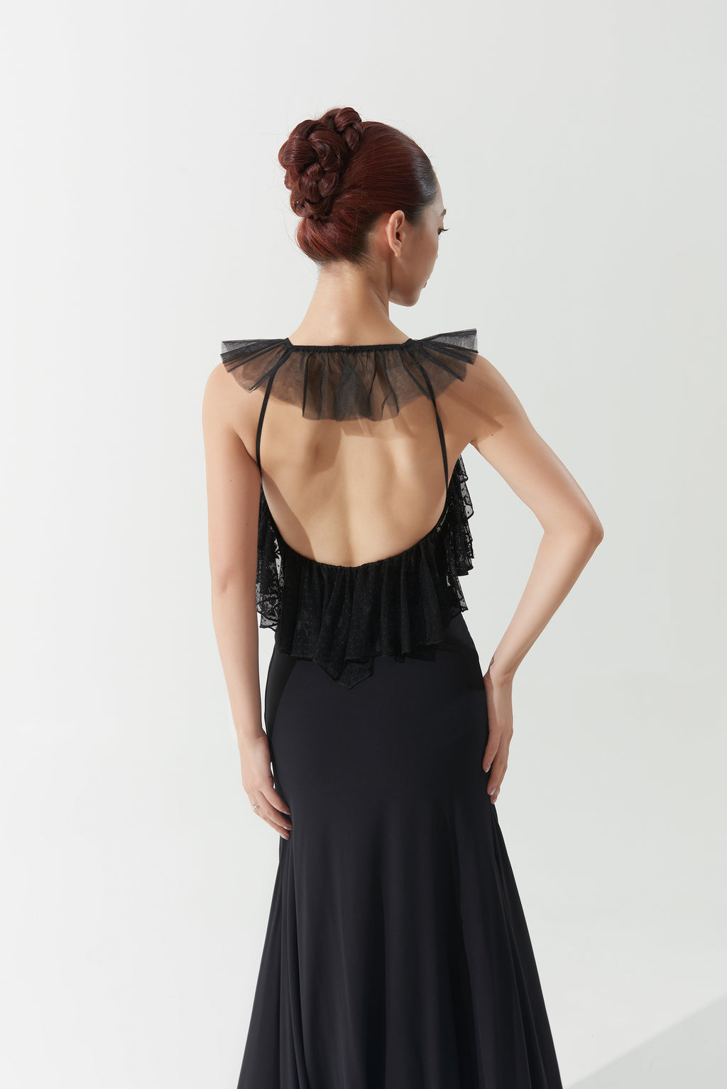 DANCE QUEEN 1156 Black Bow Lace Patchwork Sleevesless Backless Ballroom Leotard