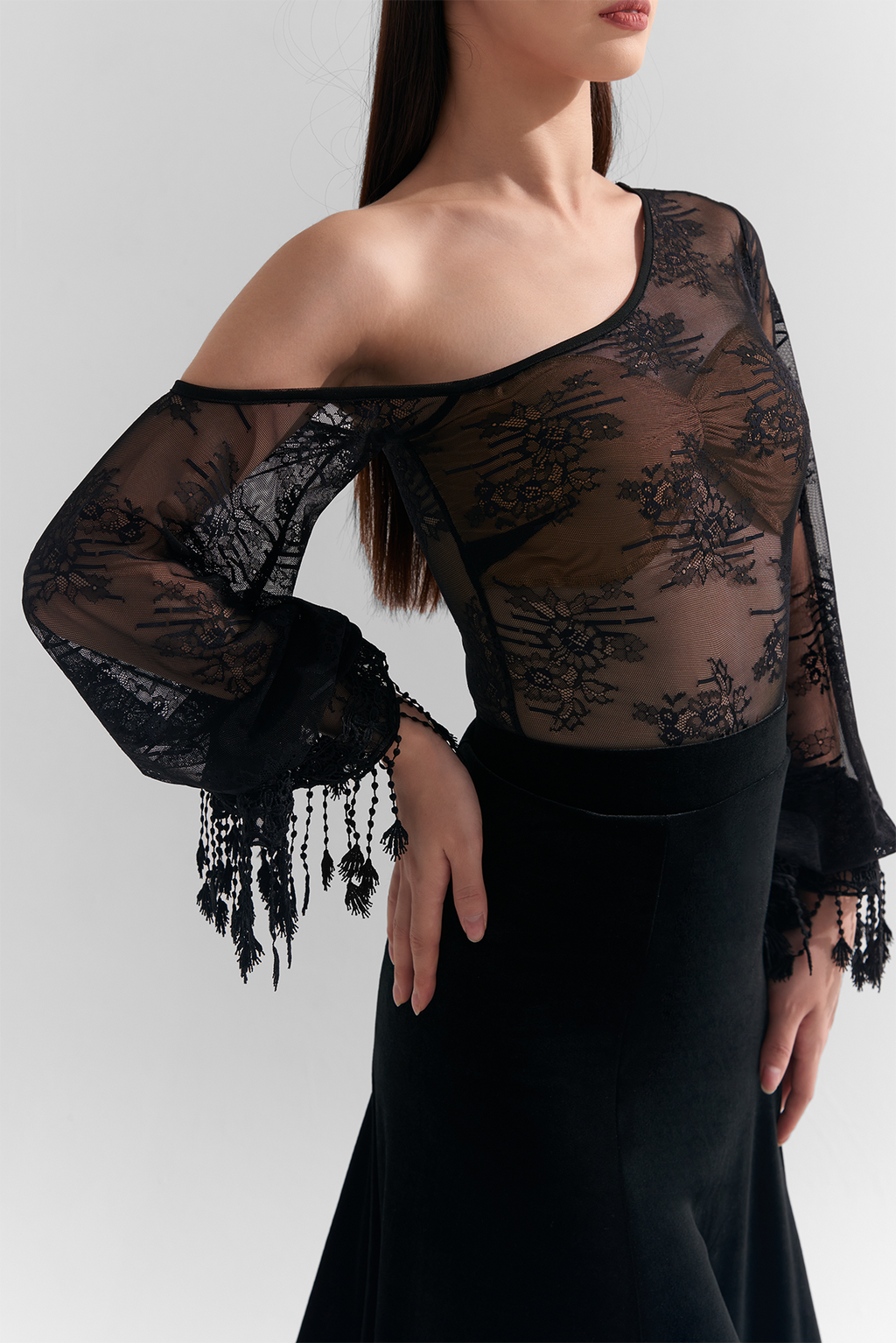 DANCE QUEEN 818 Black Lace Off Shoulder Leotard