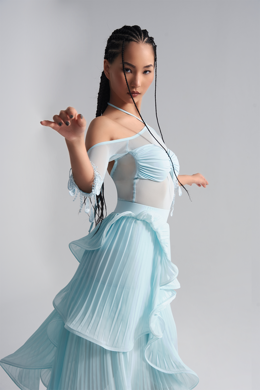 Be the star of the show in our DANCE QUEEN 410-2 Glacier Blue Halter off shoulder lace leotard. This stunning piece features a halter design and off shoulder cut for a flattering look. Made with delicate lace, it exudes elegance and grace. Perfect for dance practice.