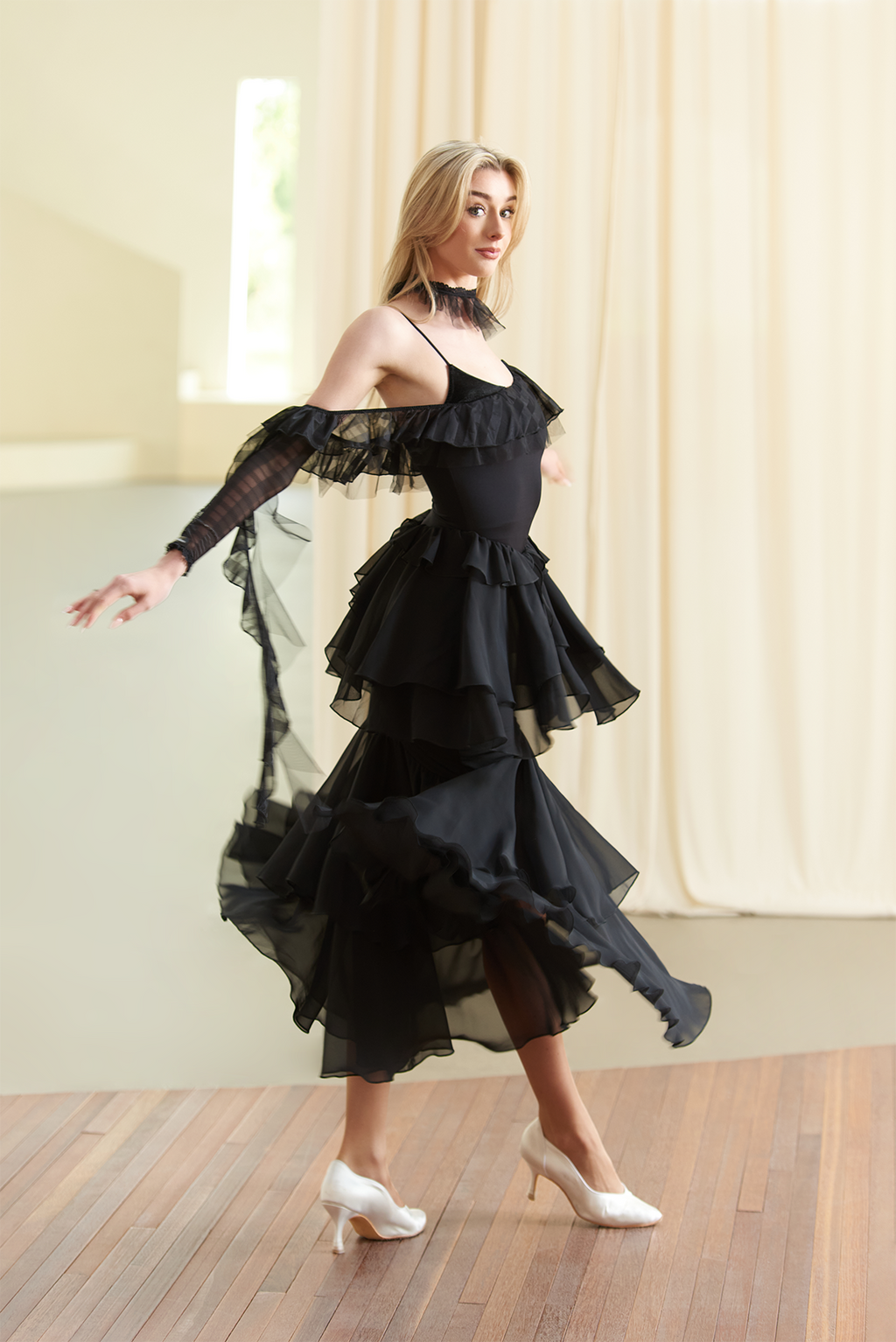 DANCE QUEEN 881-2 Classic Black Chiffon Layer Ballroom Skirt