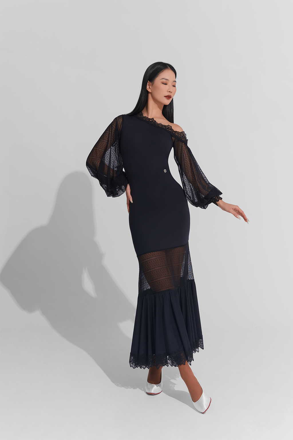 DANCE QUEEN 894 Lace Sleeve Haute Couture Black Practice Show Dress