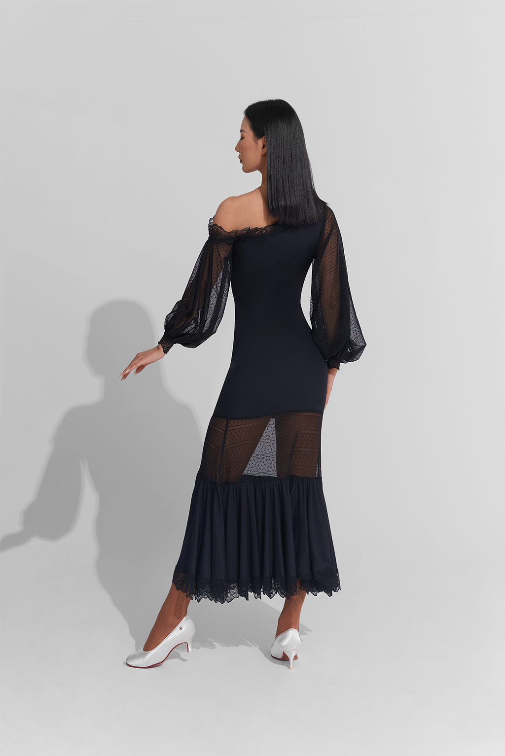 DANCE QUEEN 894 Lace Sleeve Haute Couture Black Practice Show Dress