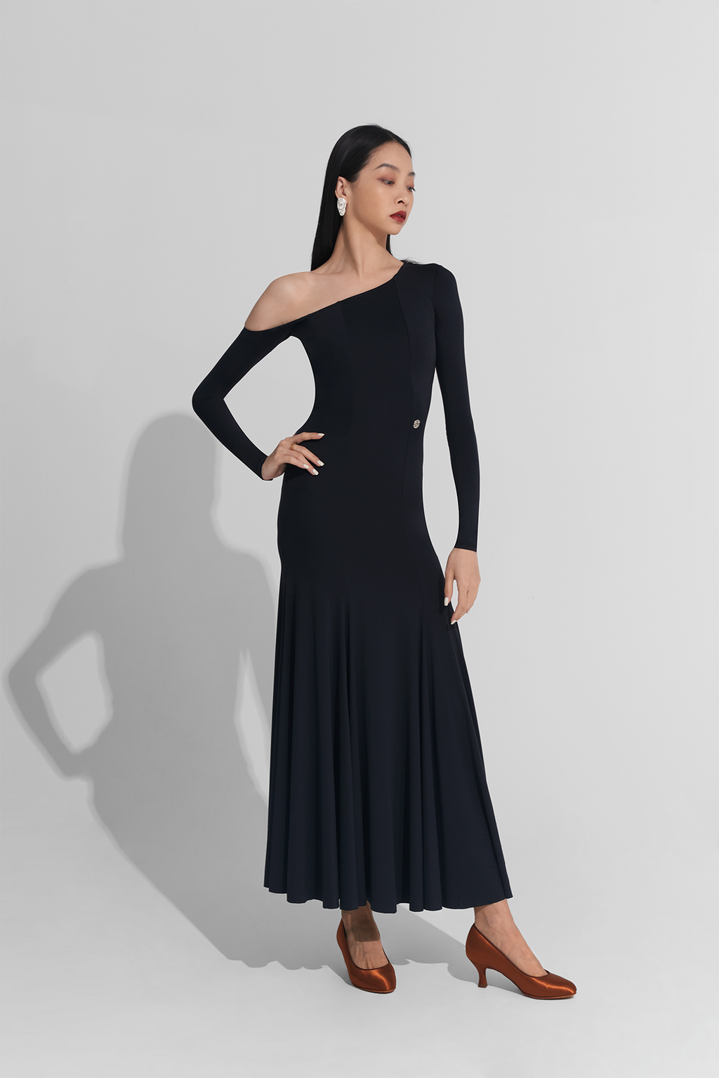 DANCE QUEEN 471-5 Black One Shoulder Long Sleeve Haute Couture Classic Dress