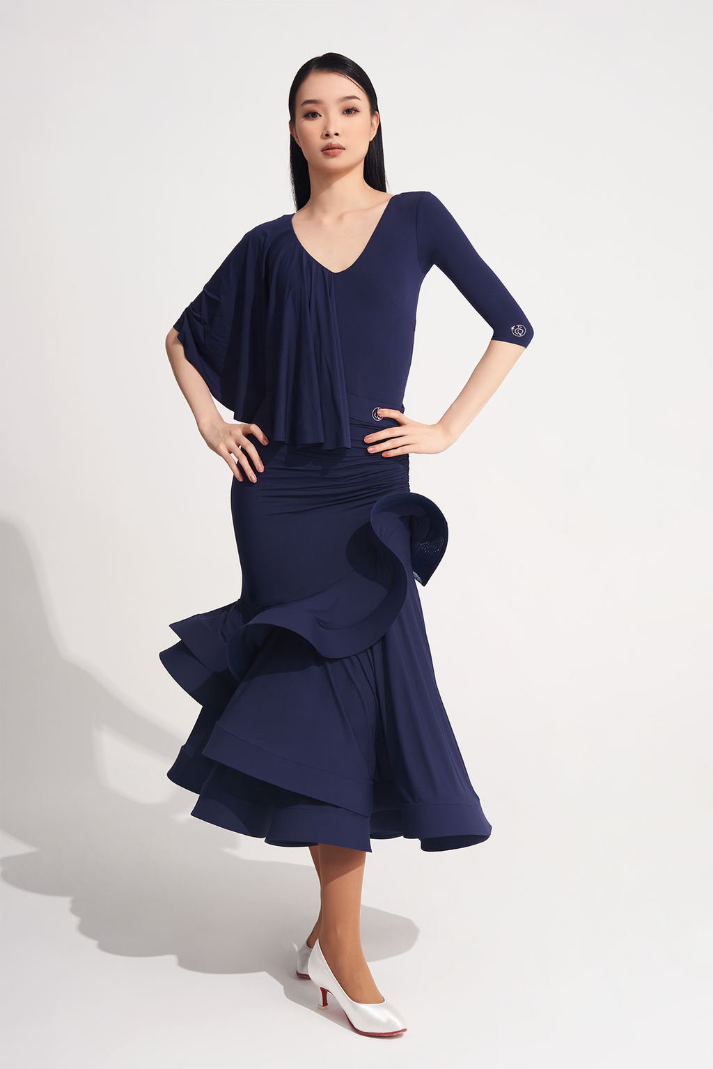 DANCE QUEEN 622-2 Navy Blue Ballroom Skirt. The elastic waist ensures a comfortable fit, while the intricate design adds a touch of sophistication. Become a dance queen in style and grace.