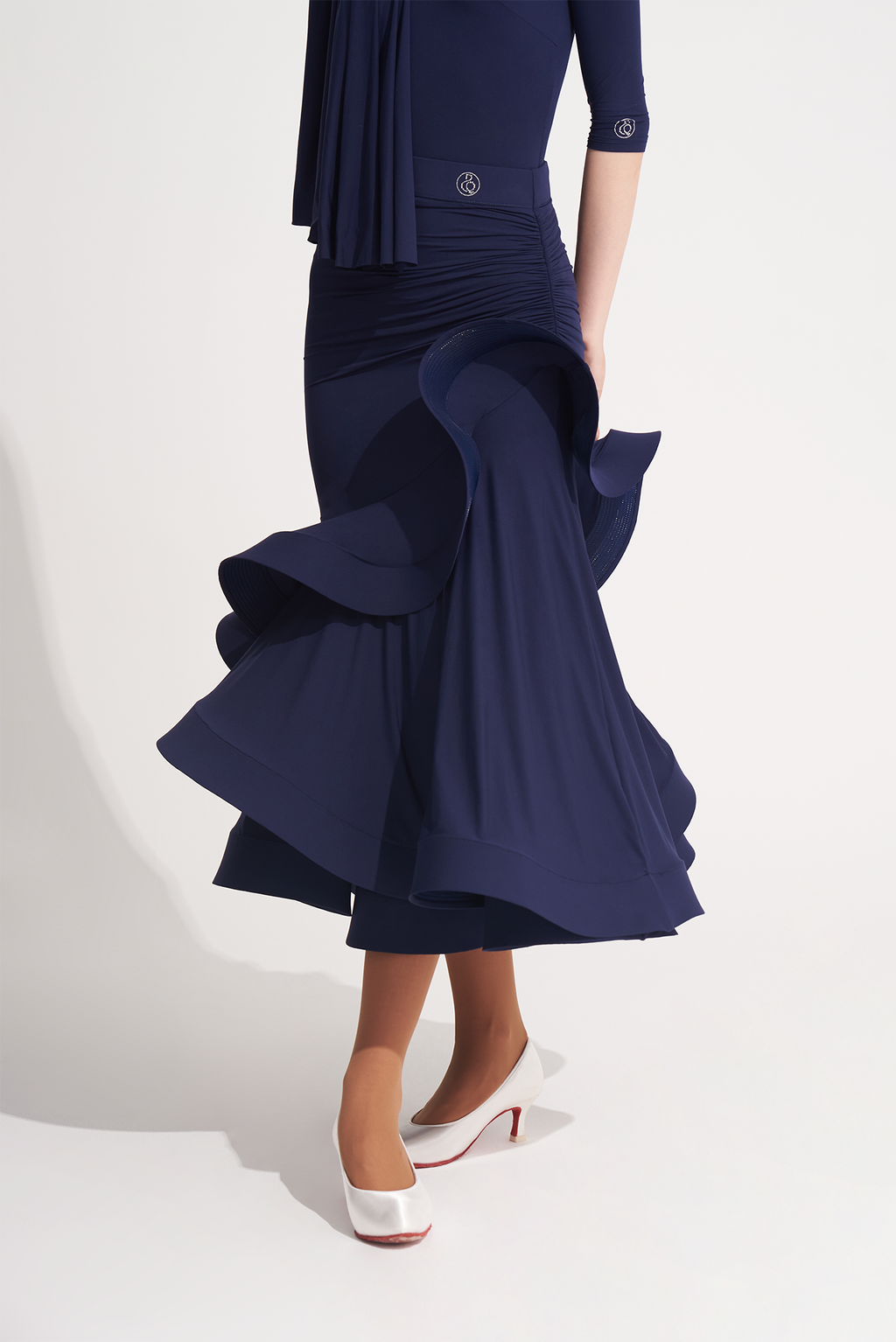 DANCE QUEEN 622-2 Navy Blue Ballroom Skirt. The elastic waist ensures a comfortable fit, while the intricate design adds a touch of sophistication. Become a dance queen in style and grace.