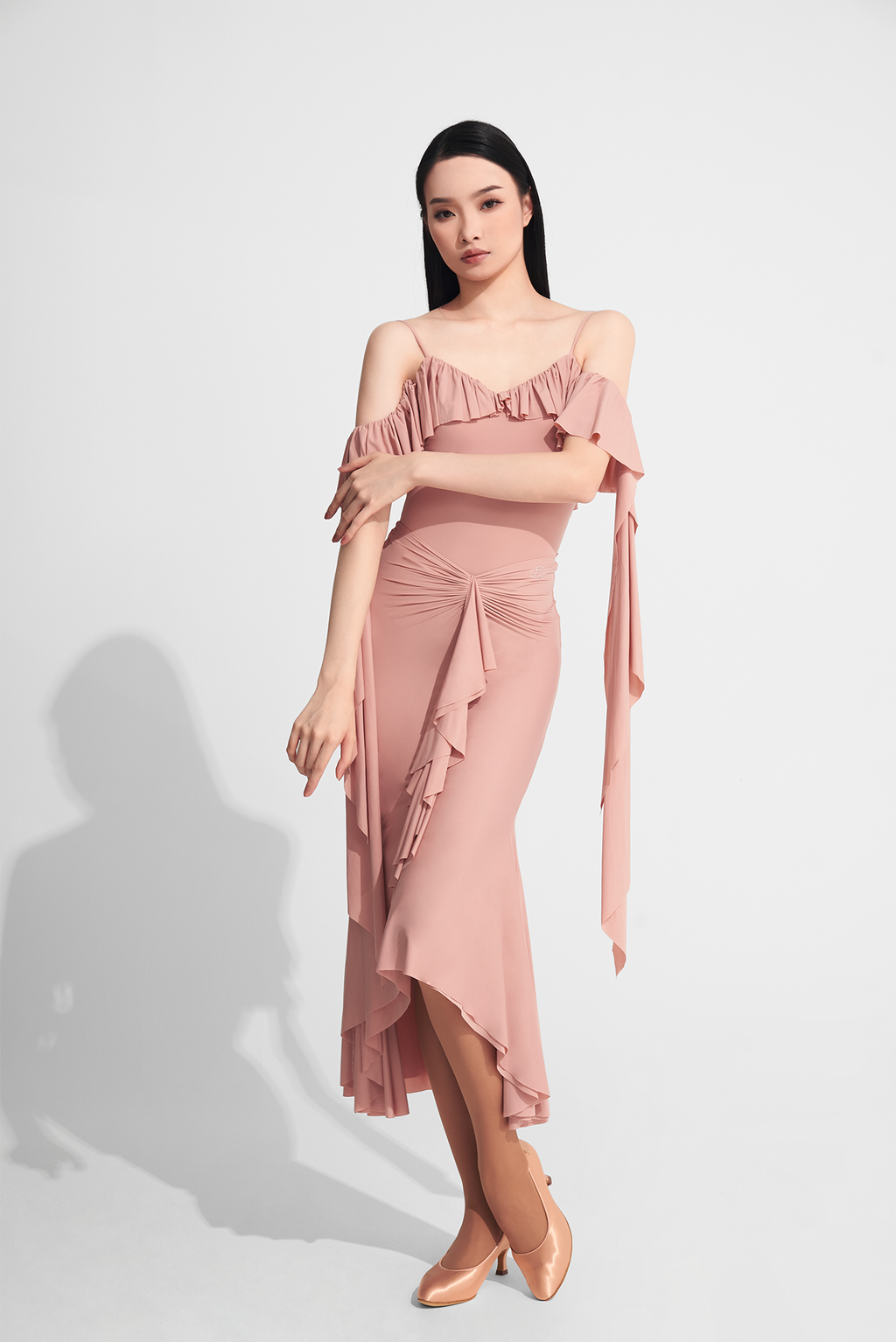 DANCE QUEEN 721-4 Misty Rose Ruffle High Elasticity Ballroom Skirt. This skirt features a stunning misty rose color with delicate ruffles and high elasticity, providing both style and comfort.