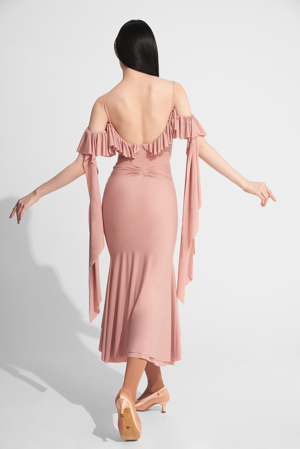 DANCE QUEEN 721-4 Misty Rose Ruffle High Elasticity Ballroom Skirt. This skirt features a stunning misty rose color with delicate ruffles and high elasticity, providing both style and comfort.