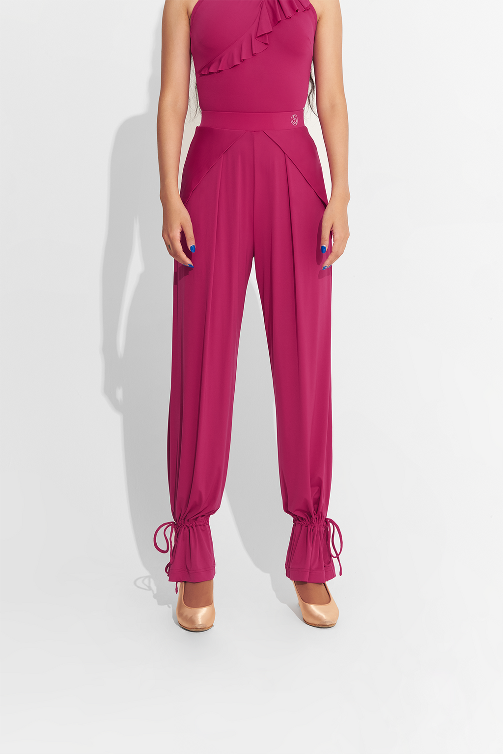 DANCE QUEEN 701-11 Cherry Red Ankle Strap Ballroom Training Trouser. With its ankle strap for perfect fit and cherry red color to make a statement, these trousers are perfect for training in style.