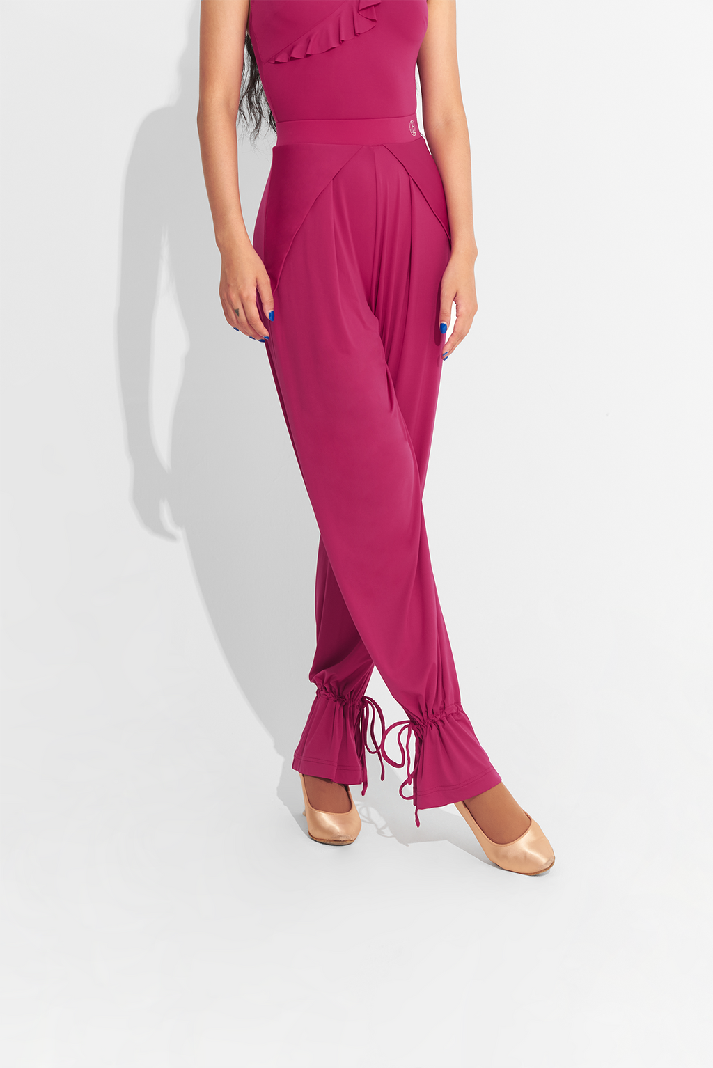 DANCE QUEEN 701-11 Cherry Red Ankle Strap Ballroom Training Trouser. With its ankle strap for perfect fit and cherry red color to make a statement, these trousers are perfect for training in style.