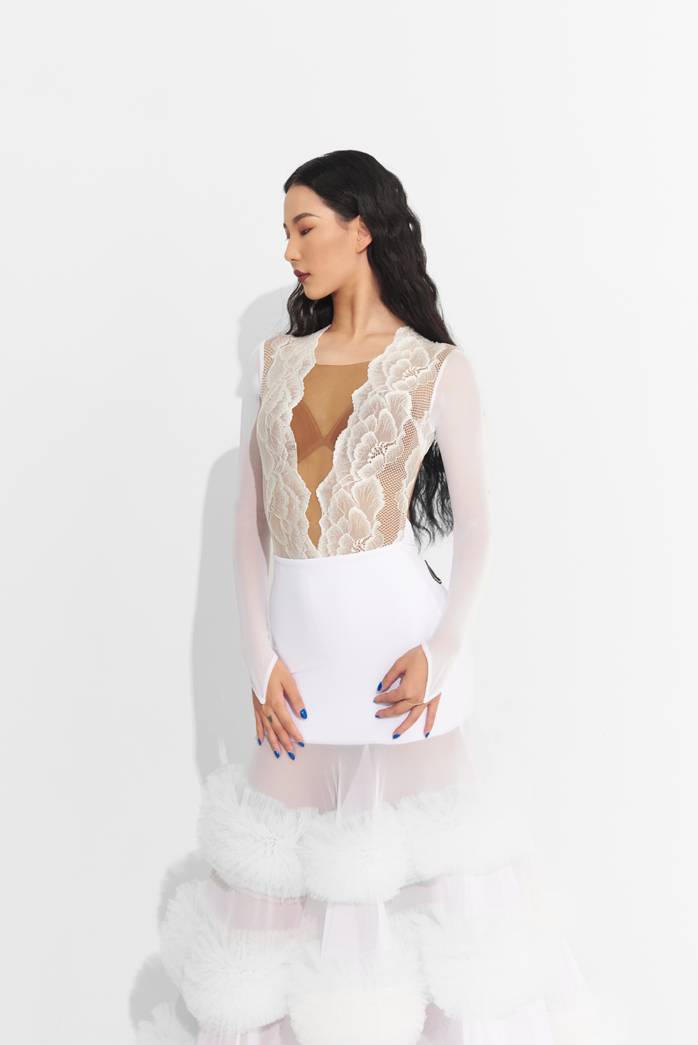 Unleash your inner dance queen in this custom dress featuring a white lace ruffle skirt. Make a statement on the dance floor with this bold and daring design. Perfect for the risk-taker who loves to stand out and shine!