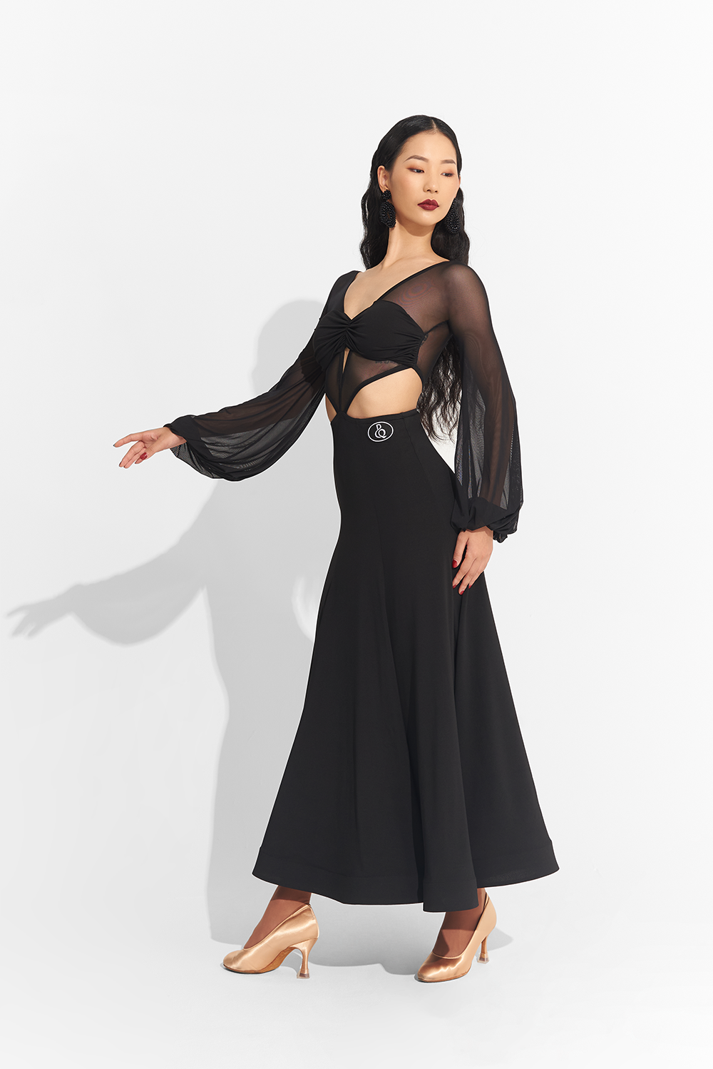 DANCE QUEEN 735 Black Hollow Mesh Long Sleeve Custom Dress