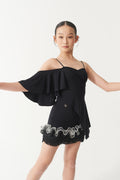 DANCE QUEEN Kid 2379 Spaghetti Strap Off-Shoulder Ruffle Sleeves Contrast Lace Trim Tassel Flounce Skirt Latin Dance Dress