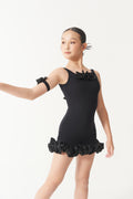 DANCE QUEEN Kid 2388 Square Neckline Black Lace Skirt Hem Latin Dress