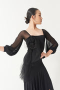 DANCE QUEEN Kid 2378 Square Neck 3D Floral Mesh Decor Puff Lantern Sleeves Custom Ballroom Dress