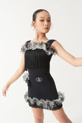 DANCE QUEEN Kid 2399 Black White Contrast Lace Trim Tassel Latin Ballroom Gymnastics Leotard No Pads