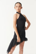 DANCE QUEEN Kid 2376 Asymmetrical Single Side Flowy Tulle Latin Dance Skirt
