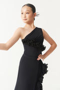 DANCE QUEEN Kid 2387 One Shoulder Wavy Lace Trim & Single Flowing Ribbon Latin Ballroom Dance Leotard No Pads