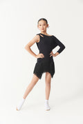 DANCE QUEEN Kid 2396 Asymmetrical One-Shoulder with Single Long Sleeve, Tassel Flounce Skirt Latin Dance Dress