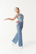 DANCE QUEEN Kid 2375-5B Blue Velcro Waistband Rhinestone Embellishment Ballroom & Latin High-Waist Wide Leg Trouser