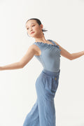 DANCE QUEEN Kid 2381-2 Blue Ruched Asymmetrical Neckline Latin Ballroom Leotard No Bra Padding