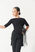 DANCE QUEEN Kid 2386 Off Shoulder Side 3D Floral Decor Mesh Float Mid Sleeves Latin Ballroom Dance Leotard No Pads