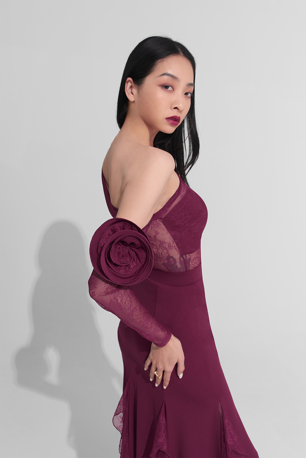 DANCE QUEEN 656-10 Burgundy Off Shoulder Flower Lace Leotard