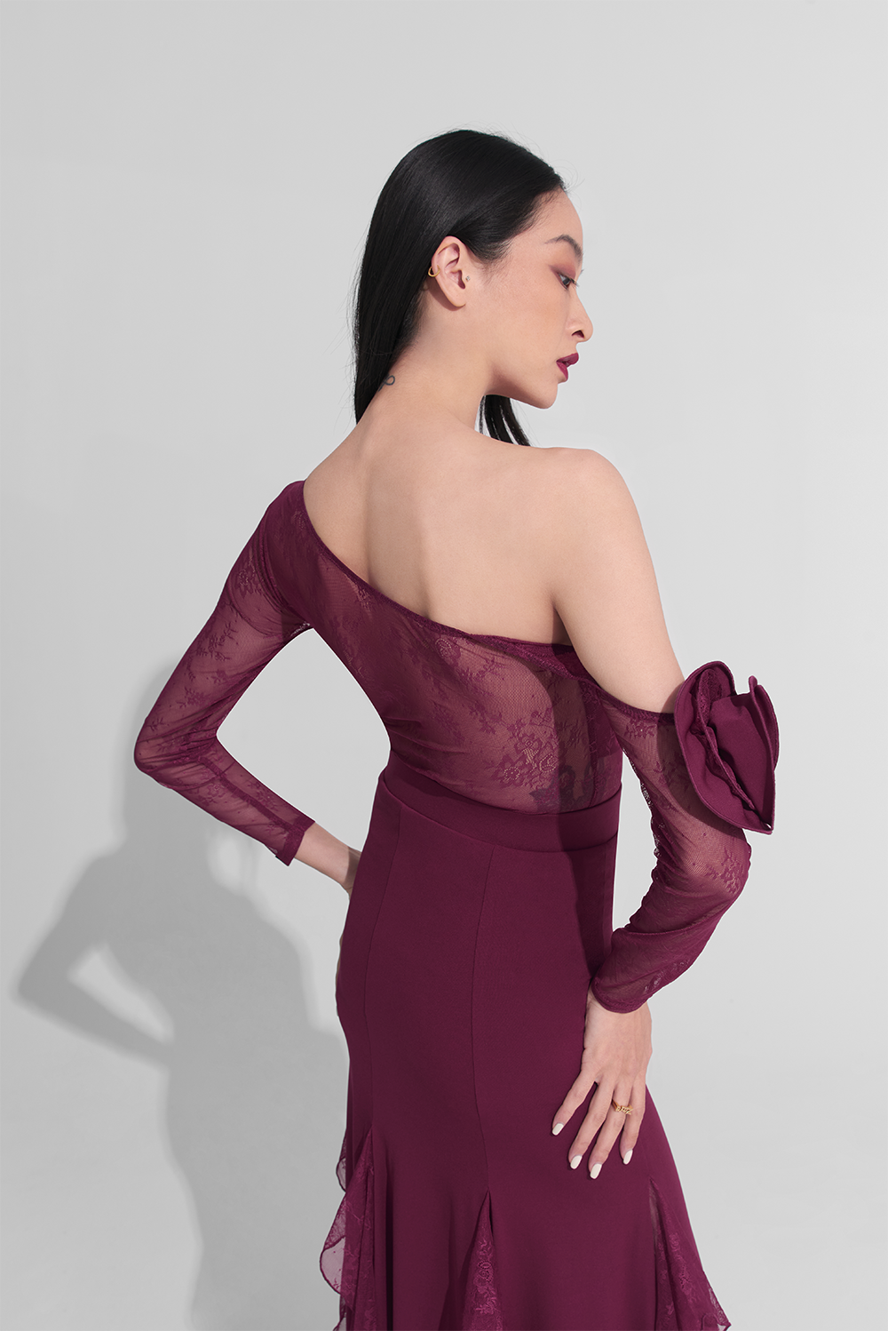 DANCE QUEEN 656-10 Burgundy Off Shoulder Flower Lace Leotard