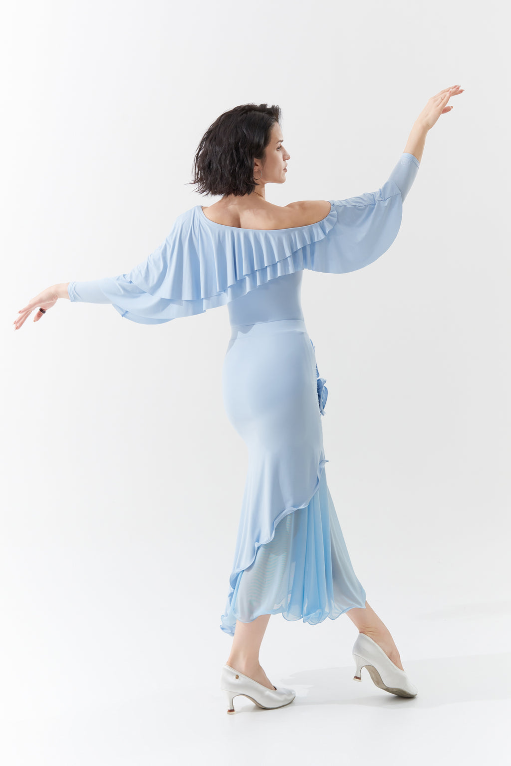 DANCE QUEEN 1096-3 Light Blue Off Shoulder Ruffled Ballroom Practice D ...