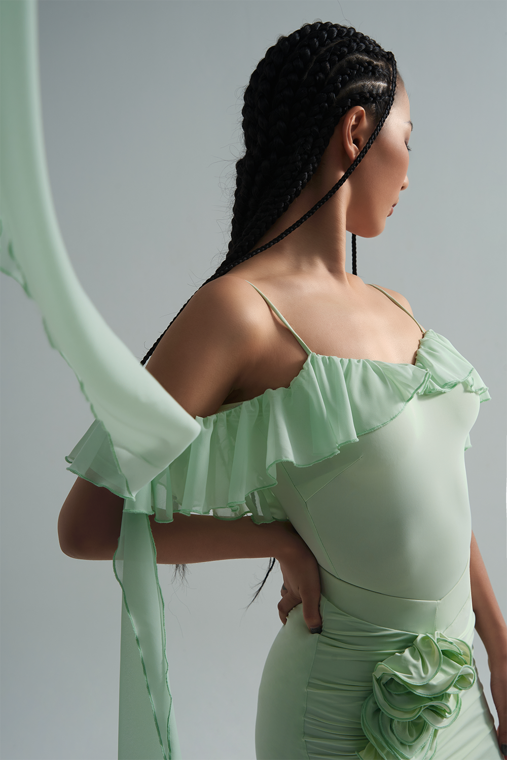 DANCE QUEEN 702-3 Mint Mambo Off Shoulder Ribbon Ballroom Leotard