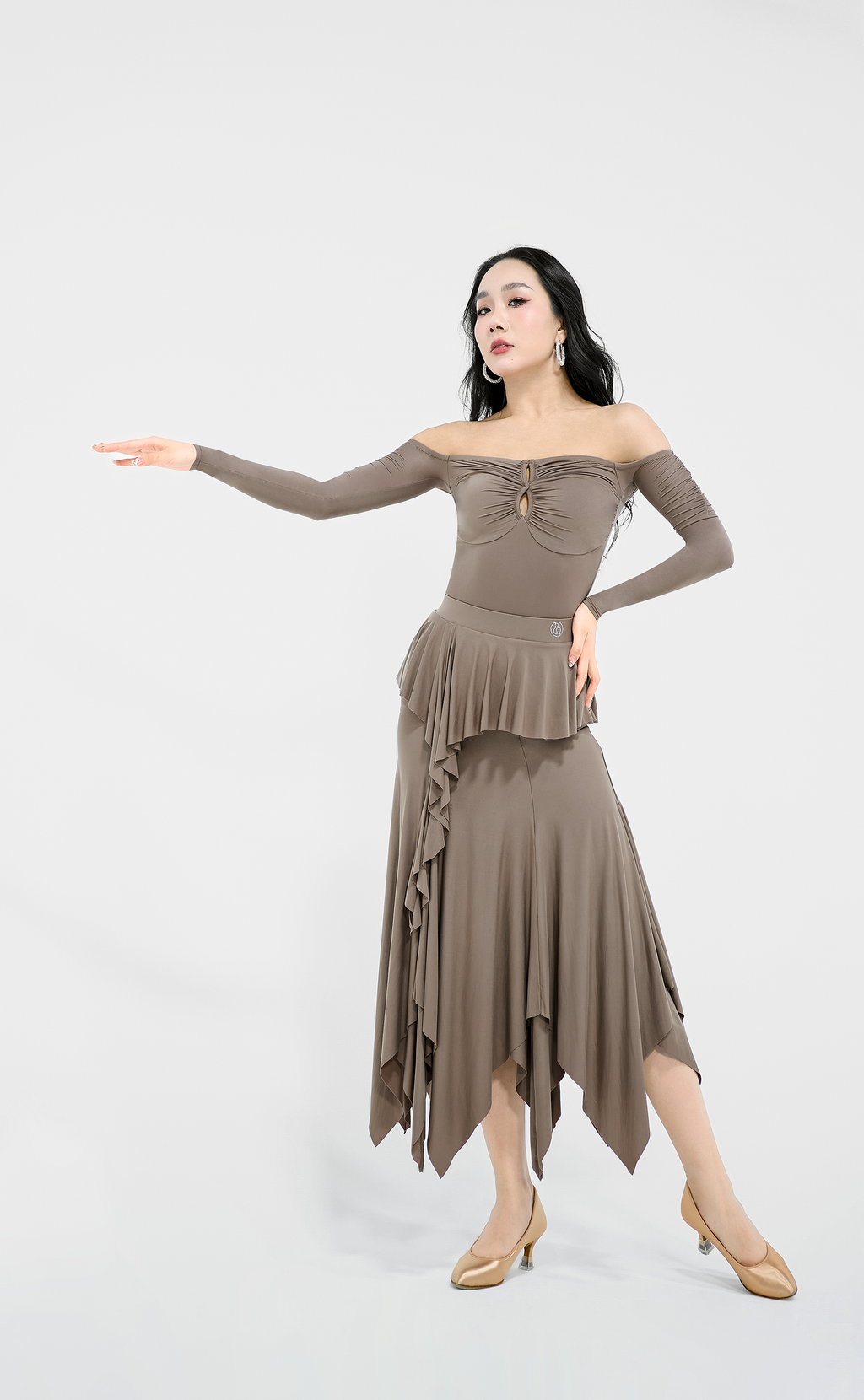 DANCE QUEEN 820-2 Autumn Ruffle Camel Elastic Ballroom Dance Skirt