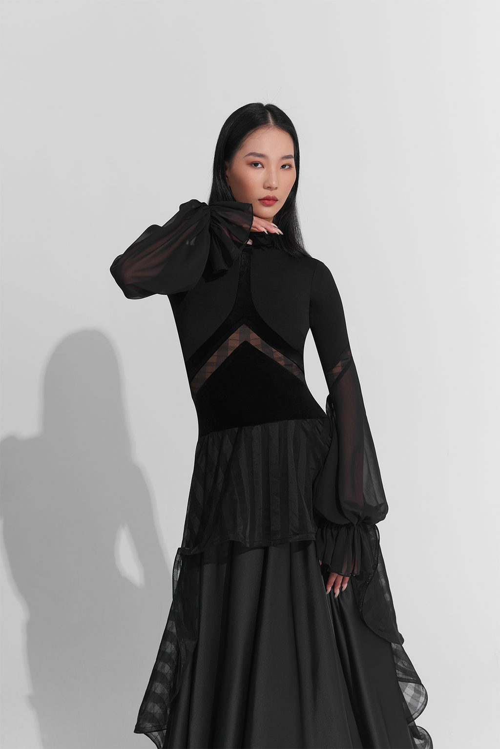 DANCE QUEEN 882 Lace Bell Sleeve Haute Couture Black Practice Show Dress