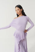 DANCE QUEEN 821-19 Light Purple Pleats Ruffle Off Shoulder Long Sleeve Ballroom Practice Dancing Leotard