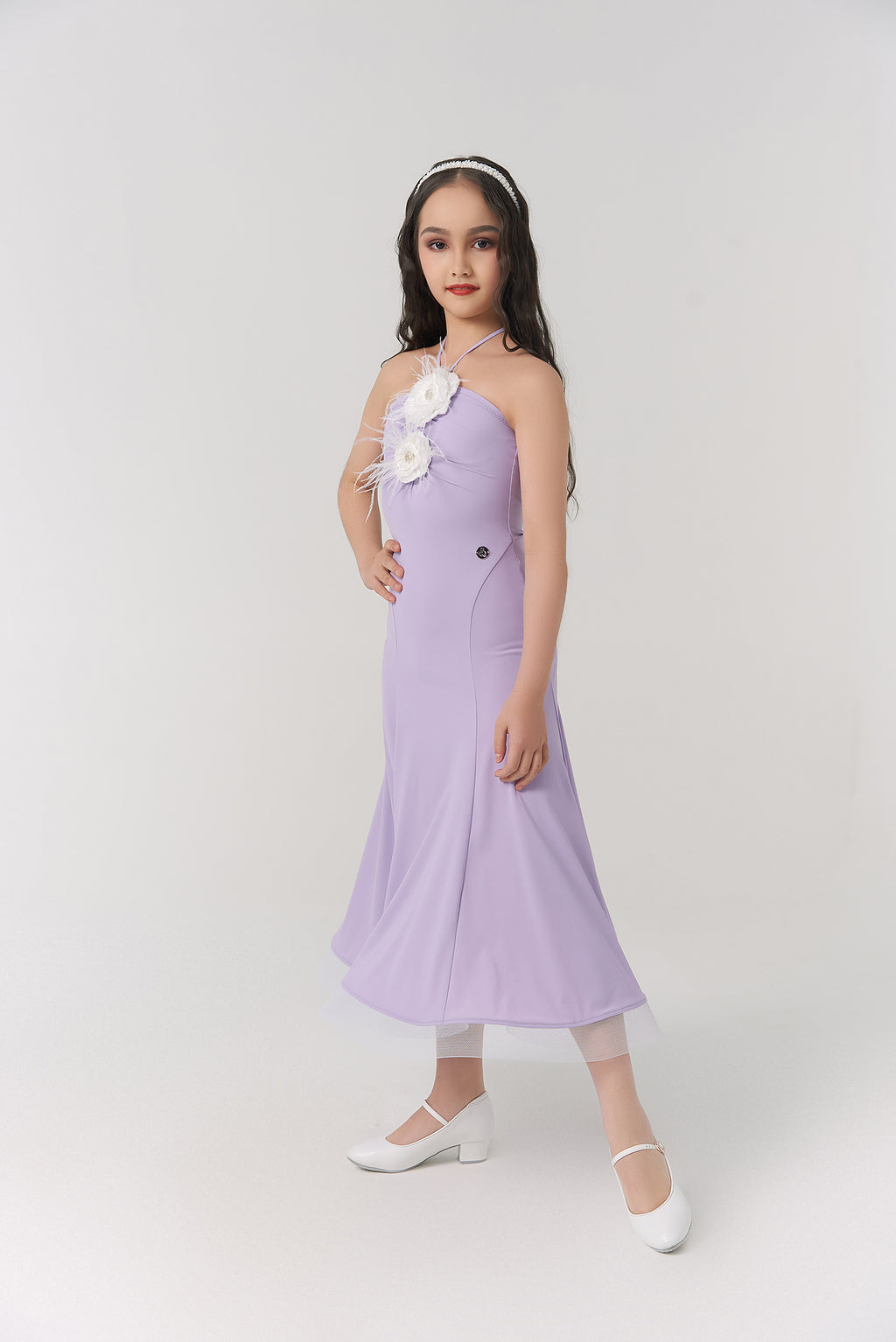 DQ-2306 Kid High-End Customized Floral Charm Halter Ruffle Dress