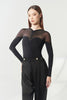 DANCE QUEEN 1218 Black Sheer Mesh V-Neck Long Sleeve Ruched Chest Detail Ballroom Latin Practice Top Women Wear Dance Bodysuit Leotard