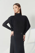 DANCE QUEEN 1201 Black Turtleneck Draped Ruched Cape Shoulder Overlay Long Sleeve Ballroom Women Wear Dance Bodysuit Leotard