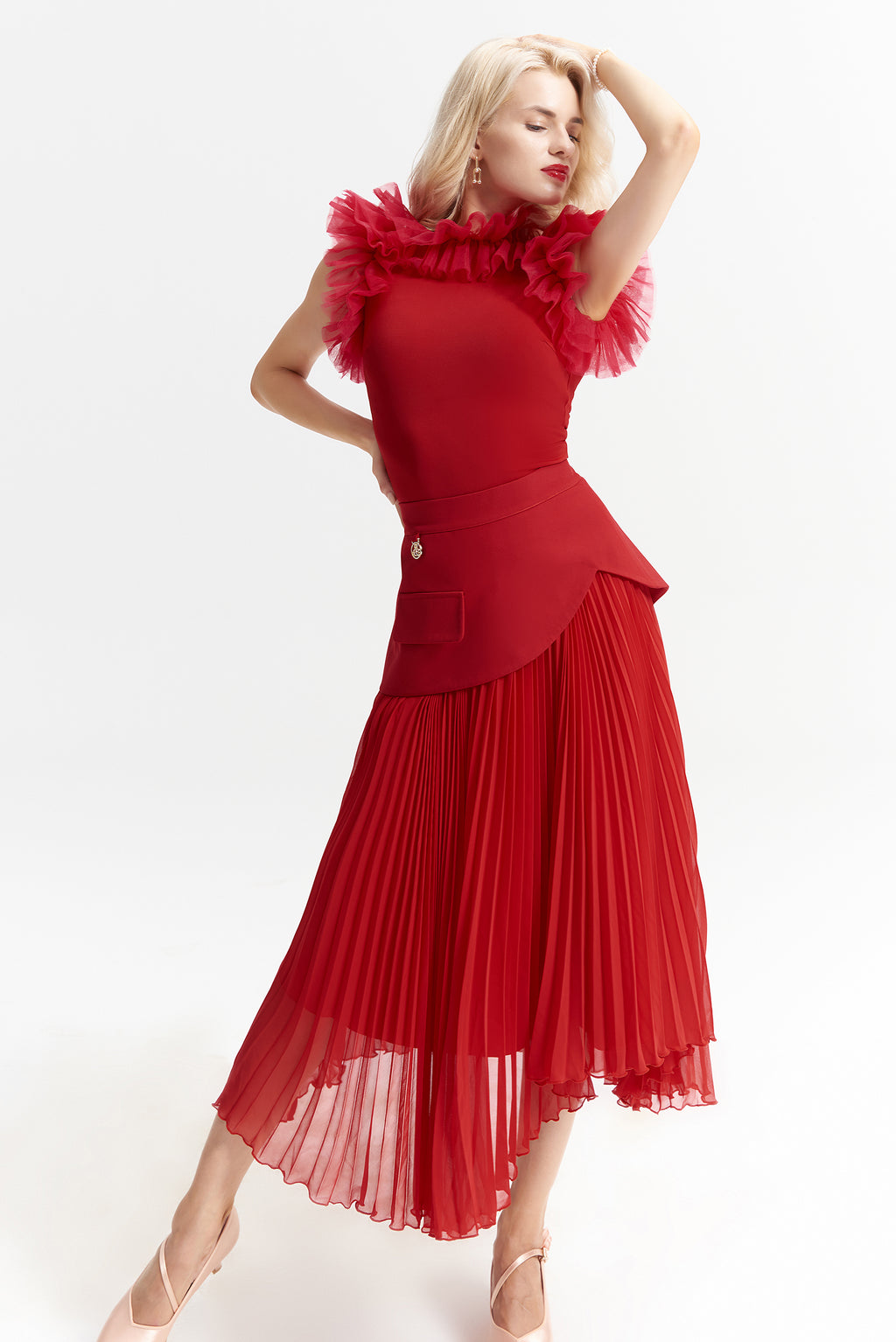 DANCE QUEEN 986-2 Red Panelled Design Pocket Ballroom Dance Sport Skirt