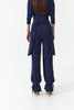 DQ1144-9 Navy Modern Trousers – Crystal-adorned logo, sculpted waist with bow accent, and refined tapered cuffs. Exclusive Edition.