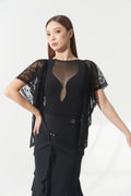DANCE QUEEN 1122-2 Sheer Mesh Neck Floral Lace Flutter Cape Sleeves Ballroom Women Wear Dance Bodysuit Leotard