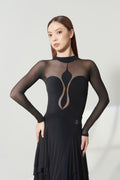 DANCE QUEEN 1208 Black High Neck Sheer Mesh Long Sleeve Abstract Center Cutout Ballroom Women Wear Dance Bodysuit Leotard