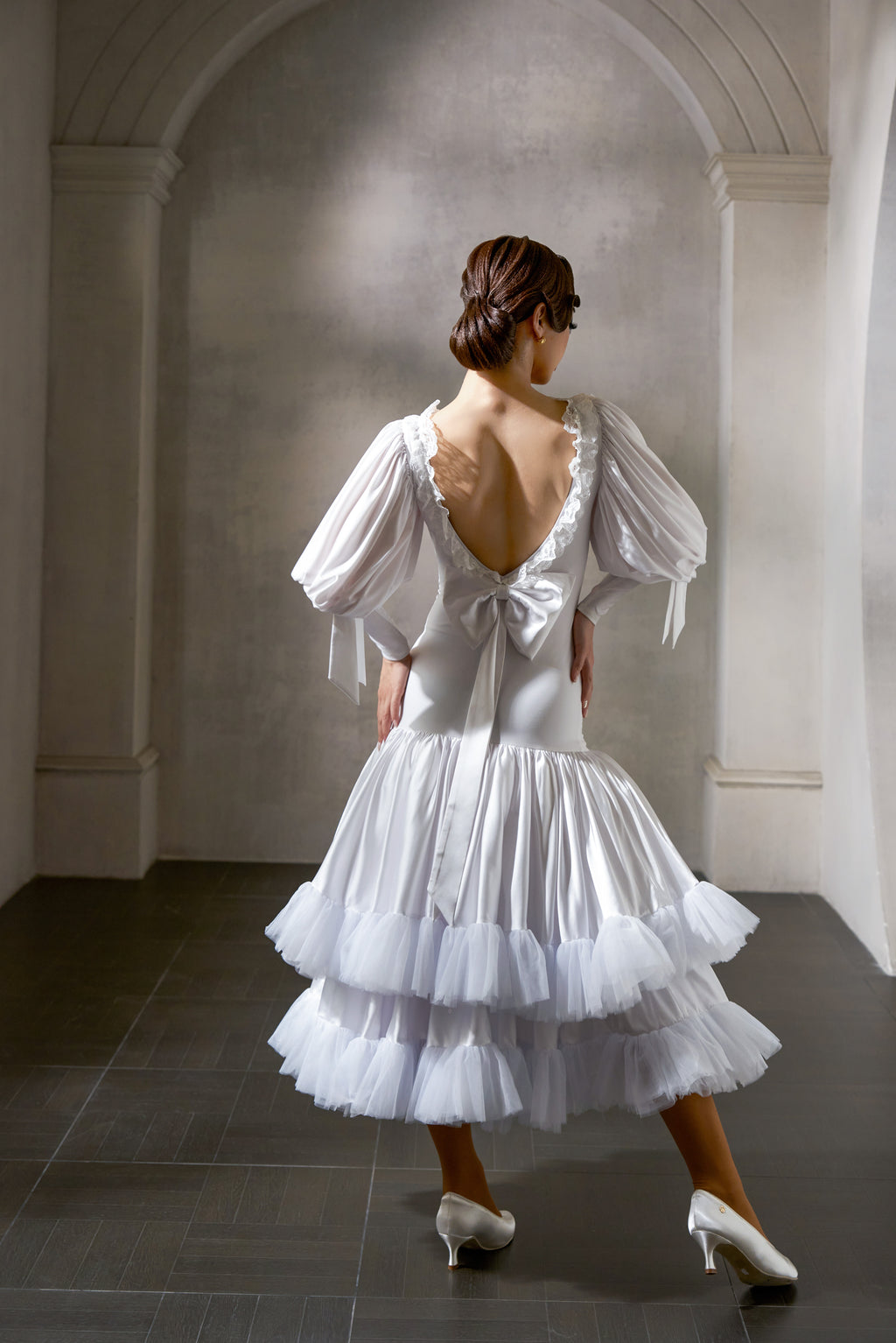 DANCE QUEEN 1036-2 White Bow  Haute Couture Classic Cake skirt Customized Dress