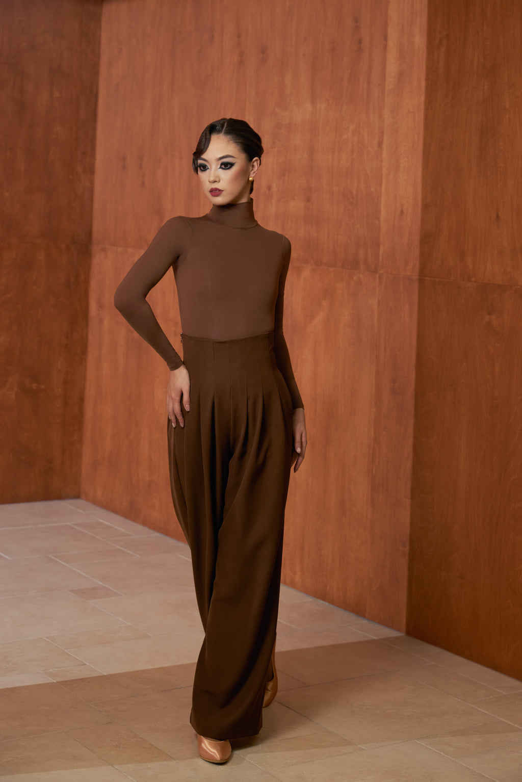 DANCE QUEEN 1050-2 Brown High Neck Tight Nude Long Sleeve Woman Leotard