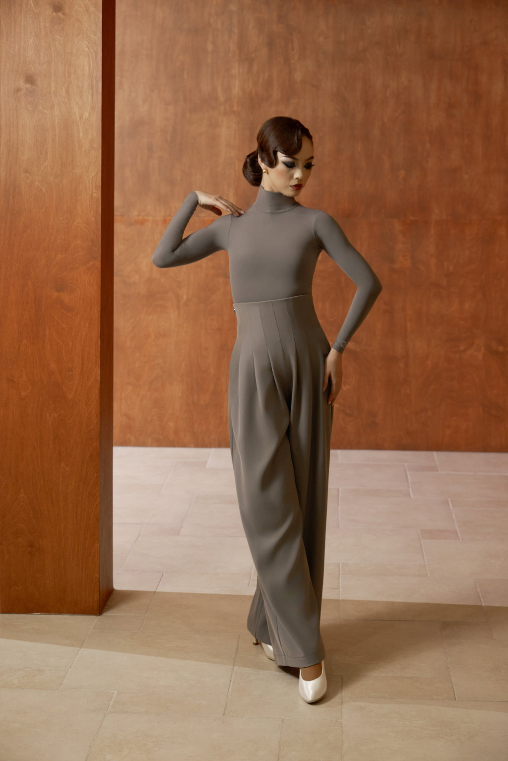 DANCE QUEEN 1050-3 Gray High Neck Tight Nude Long Sleeve Woman Leotard