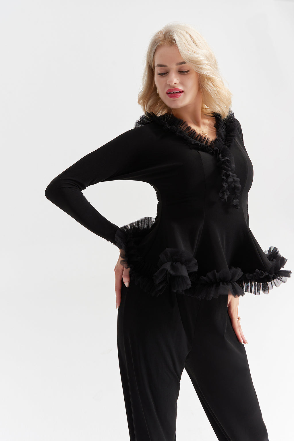 DANCE QUEEN 1024 Black V Neck Batwing Sleeve Ballroom Practice Dance Sport Top
