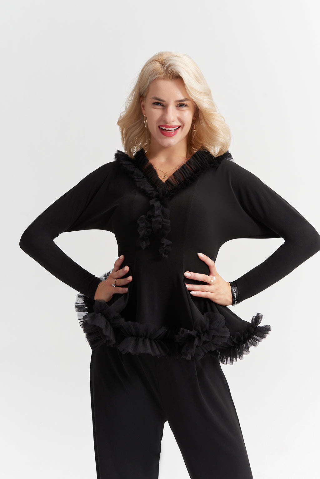 DANCE QUEEN 1024 Black V Neck Batwing Sleeve Ballroom Practice Dance Sport Top