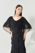 DANCE QUEEN 1178 V-Neck Chiffon Cape Front Bow Gathered Flowy Sleeve Ballroom Women Wear Dance Bodysuit Leotard