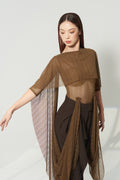DANCE QUEEN 1219-3 Brown Chevron Printed Sheer Mesh Cape Boat Neck Flowy Draped Overlay Sleeve Ballroom Women Wear Dance Bodysuit Leotard