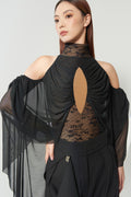 DANCE QUEEN 1211 Black Lace High Neck Cold Shoulder Front Ruched Cutout Sheer Flowy Sleeve Ballroom Women Wear Dance Bodysuit Leotard