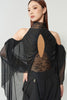DANCE QUEEN 1211 Black Lace High Neck Cold Shoulder Front Ruched Cutout Sheer Flowy Sleeve Ballroom Women Wear Dance Bodysuit Leotard