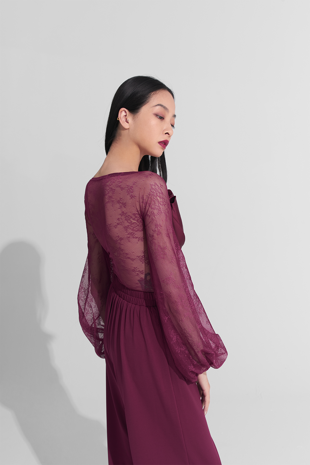 DANCE QUEEN 918 Burgundy Lace Lantern Sleeve Pleated Shape Leotard